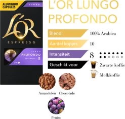 L'OR Lungo Profondo Koffiecups - Intensiteit 8/12 - 10 X 10 Capsules -Koffie Series Winkel 1200x1140