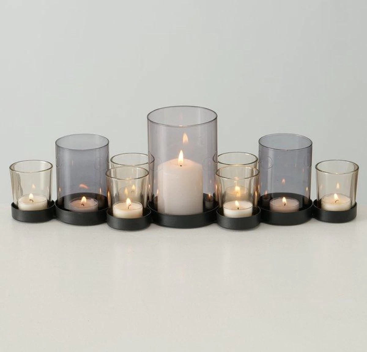 Theelichthouder Zwart Metaal / Glas. Set Van 9 4 Theelichthouder Zwart Metaal / Glas. Set Van 9 - Afbeelding 2