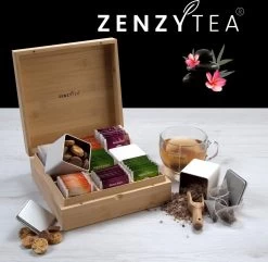 Theedoos Van ZENZYTEA® - Bamboe - Theedoos 9 Vaks - Inclusief 3 Theeblikken Voor Losse Thee - Geschikt Voor Grote & Kleine Theezakjes - Vierkant - Grote Vakken - Luxe Verpakking - Cadeau -Koffie Series Winkel 1200x1169 4