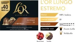 L'OR Lungo Estremo Koffiecups - Intensiteit 10/12 - 4 X 40 Capsules -Koffie Series Winkel 1200x676