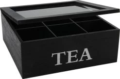 Merkloos Theekist - Zwart - Hout 9-Vaks - Glazen Deksel - Theedoos