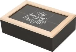 Excellent Houseware Houten Theedoos/theekist Met 6 Vakken - 24 X 16 X 7 Cm - Bruin / Zwart - Theedozen