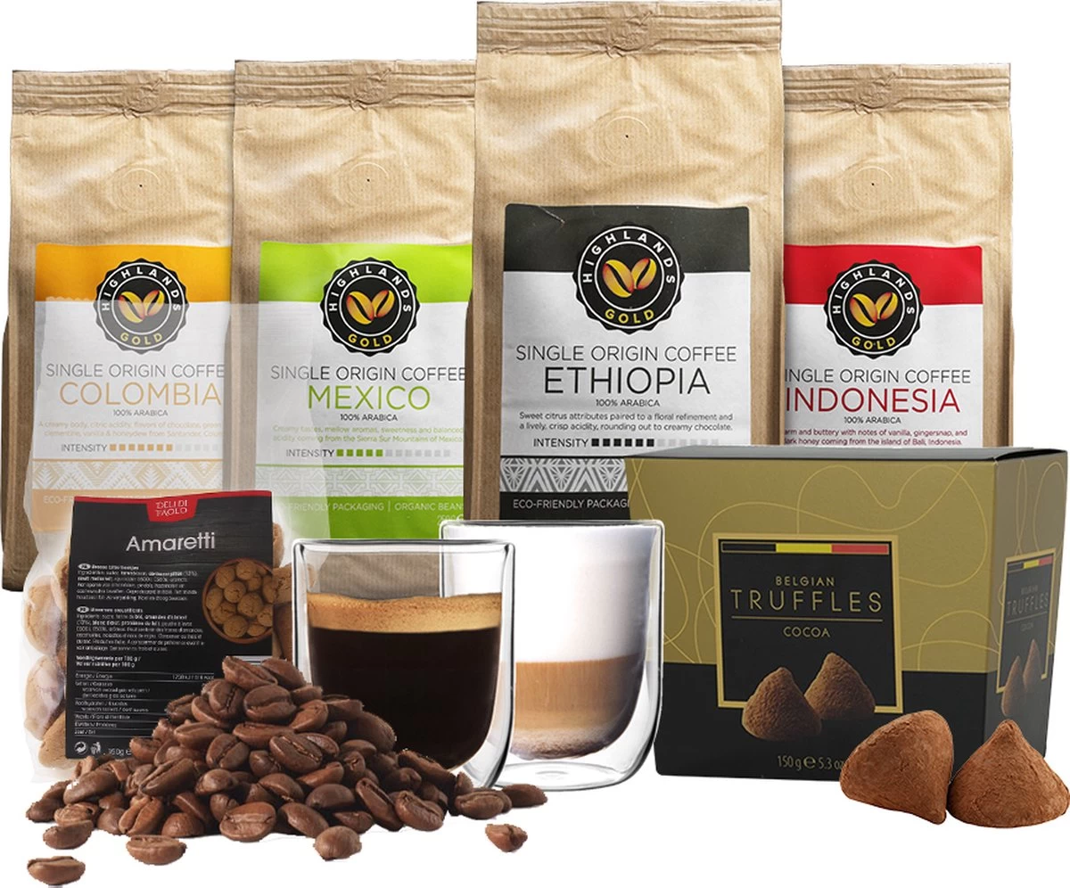 Highlands Gold - Koffiebonen Proefpakket - Koffie Cadeaupakket - 100% Arabica - Single Origin - 4 Soorten Koffie, Ambachtelijke Truffels En 2 Luxe Glazen 3 Highlands Gold - Koffiebonen Proefpakket - Koffie Cadeaupakket - 100% Arabica - Single Origin - 4 Soorten Koffie, Ambachtelijke Truffels En 2 Luxe Glazen