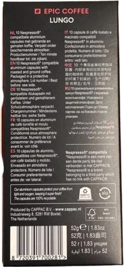 100 Capsules Epic Coffee - Lungo - Nespresso® Compatible Aluminium Capsules - RFA Keurmerk - Doos 100 Stuks -Koffie Series Winkel 560x1200