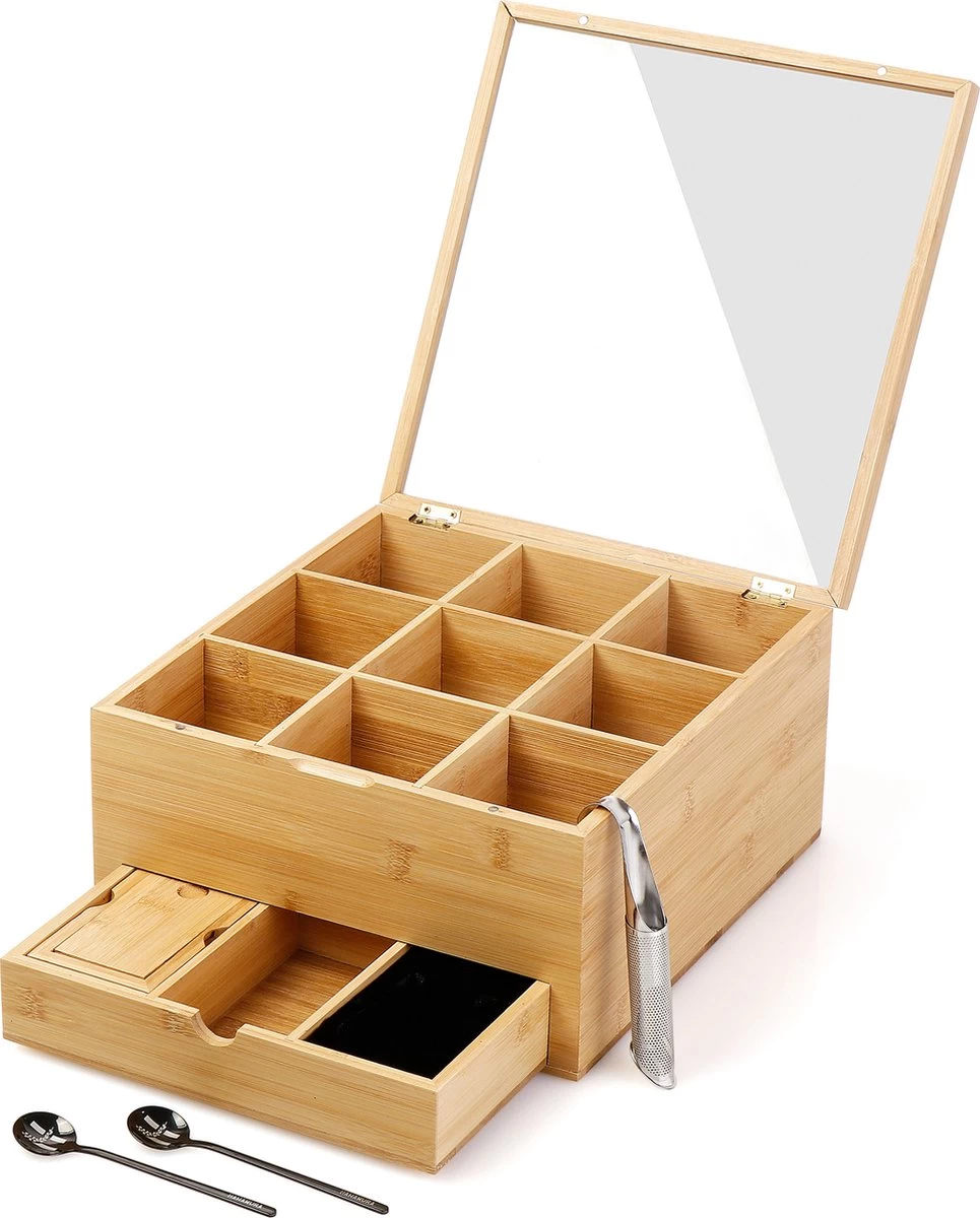 Hanamura Luxe Theedoos 9 Vaks – Lade Voor Losse Thee – Incl. Thee-ei, Theelepels, En Suikerdoos 3 Hanamura Luxe Theedoos 9 Vaks – Lade Voor Losse Thee – Incl. Thee-ei, Theelepels, En Suikerdoos