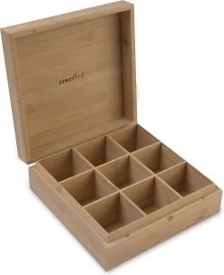 Theedoos Van ZENZYTEA® - Bamboe - Theedoos 9 Vaks - Inclusief 3 Theeblikken Voor Losse Thee - Geschikt Voor Grote & Kleine Theezakjes - Vierkant - Grote Vakken - Luxe Verpakking - Cadeau -Koffie Series Winkel 975x1200